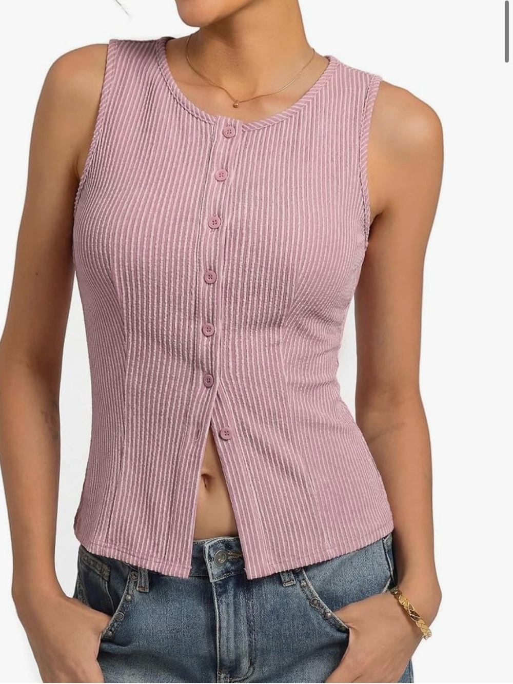 Sleeveless Ribbed Button-Front Tank - Mauve Pink